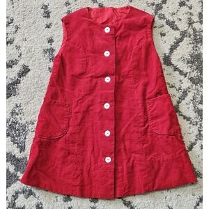 Vintage 1960s Girls Red Corduroy Button Up Shift Dress Handmade